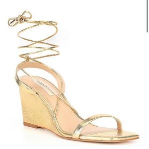 Gold Metallic Leather Lace-Up Wedge Sandals